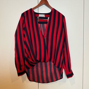 Striped V-Neck Blouse - Red and Black